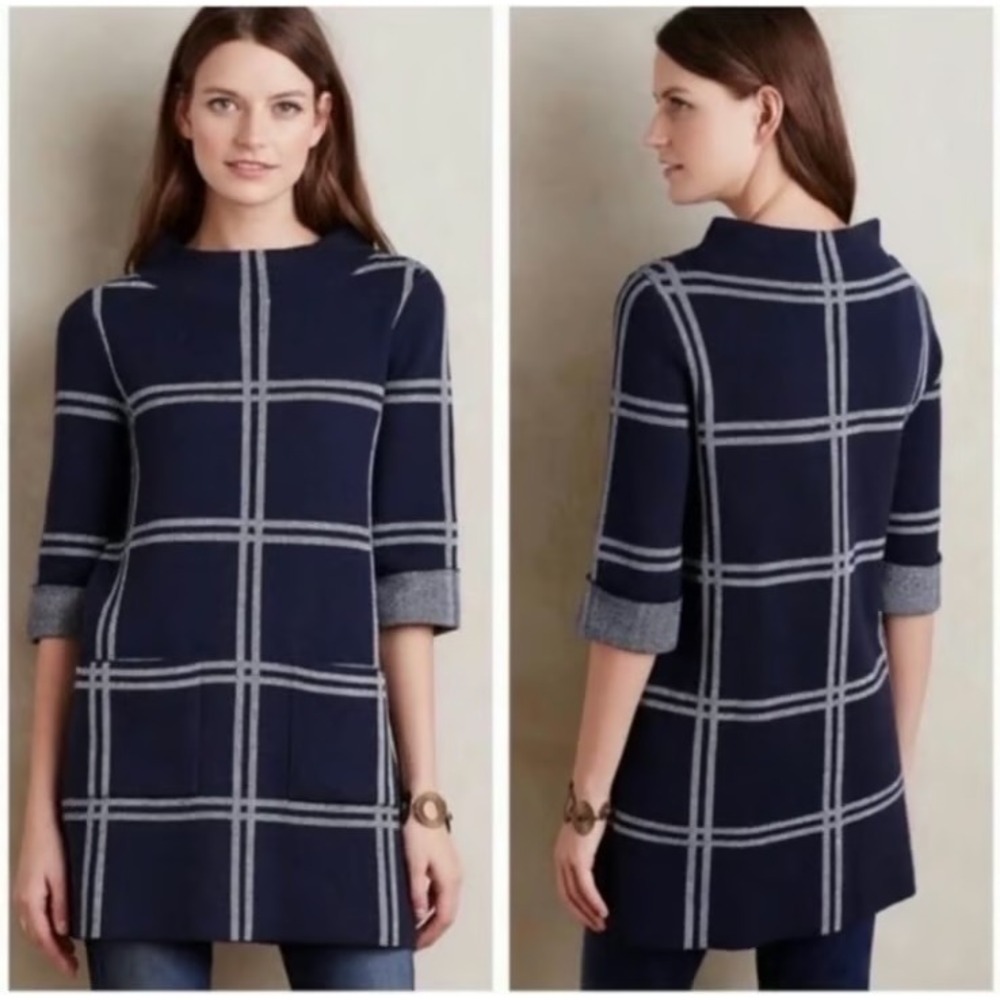 Moth by Anthropologie Plaid Mock Neck 3/4 Sleeve Knit Wool Dress Navy‎ Silver S